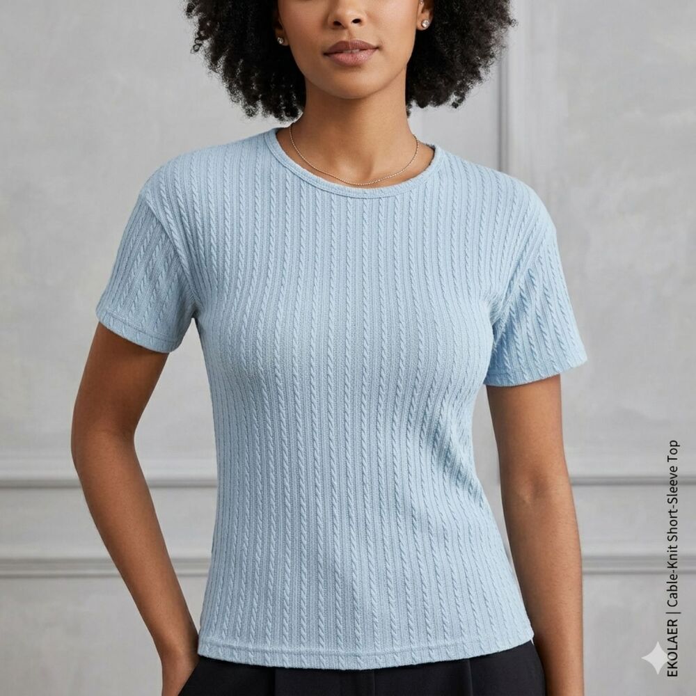 Ekouaer Women’s S Blue Cable Knit Top Short Sleeve T-Shirt Textured Ribbed Small